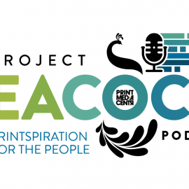 a logo with a peacock and a podcast microphone for a podcast about trends in print and marketing