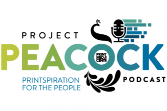 a logo with a peacock and a podcast microphone for a podcast about trends in print and marketing