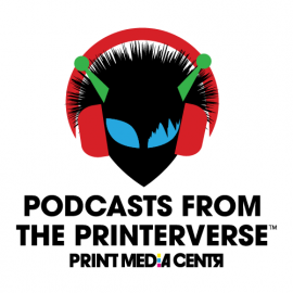 a red and black alien logo for podcasts about print and marketing