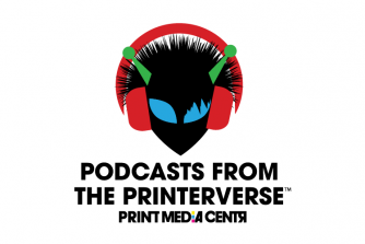 a red and black alien logo for podcasts about print and marketing