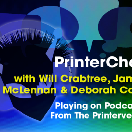 a blue chat icon for a topical podcast about printers, print and marketing