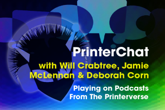 a blue chat icon for a topical podcast about printers, print and marketing