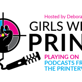 a woman's fist in a colorful background a podcast about women in marketing, print and sales